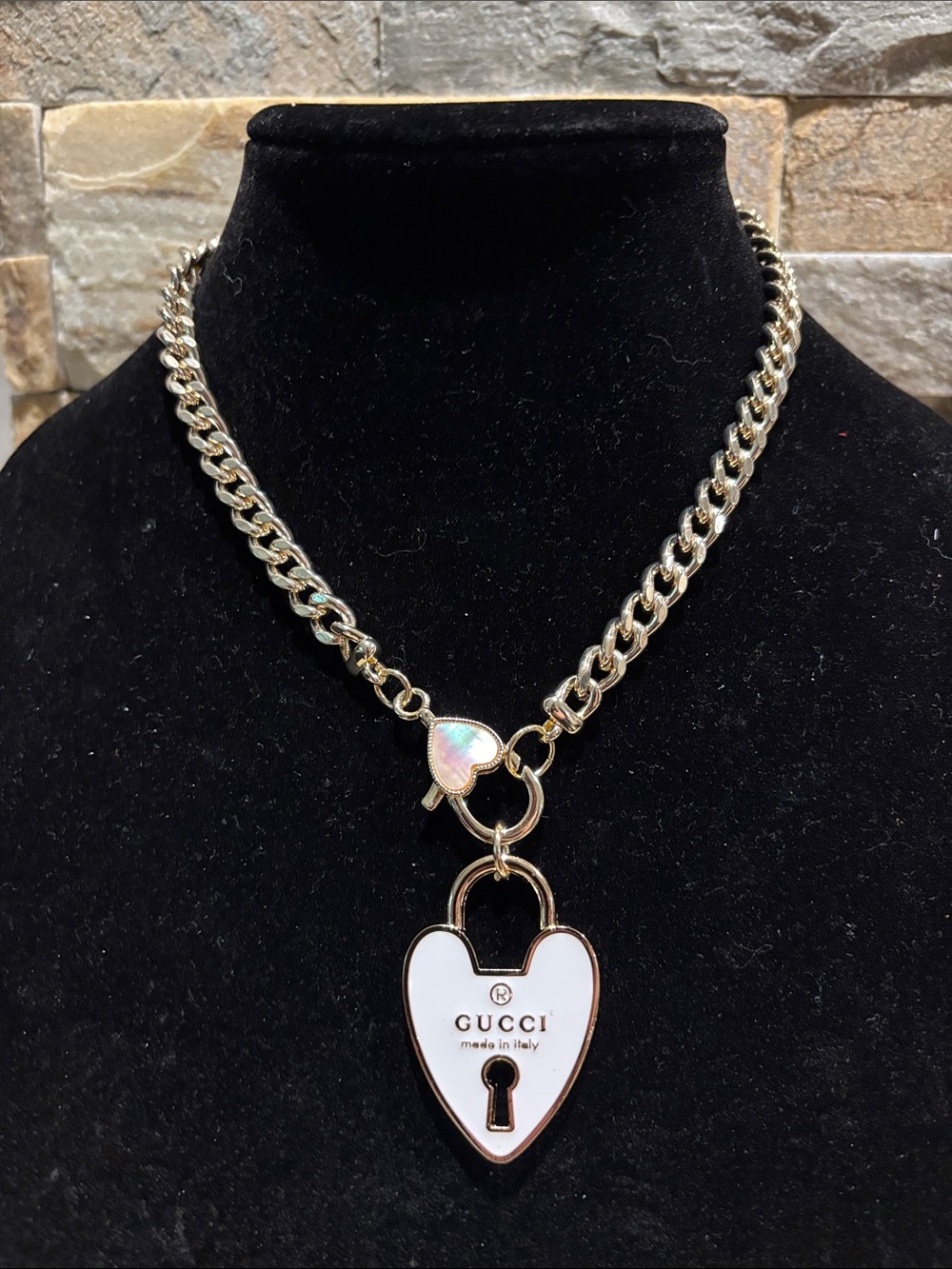 Gucci White Enamel Heart Padlock Necklace with Gold Chain